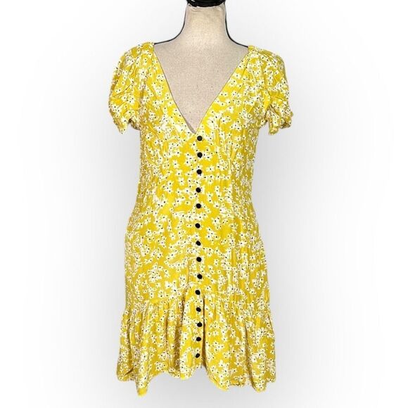 Wish Golden Bloom Dress Women's Medium Yellow Mini V-Neck Puff Sleeve Ruffle RTR - Picture 3 of 13